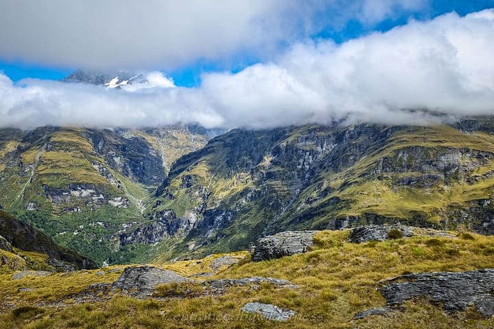 Looking towards my route tomorrow - SIr William Peak between cloud layers