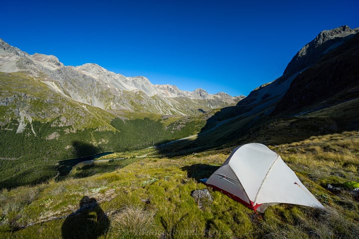 Campsite on the plateau above Blue Lake Hut