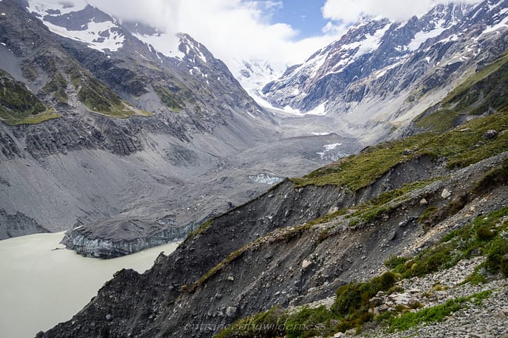 Hooker Glacier with some of the more serious washouts to navigate past
